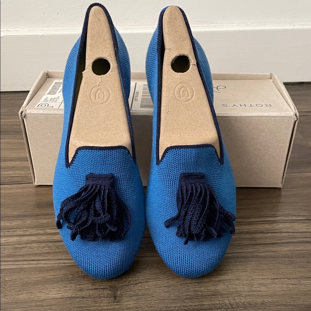 Rothy's Vibrant Blue Loafers with Navy Tassels